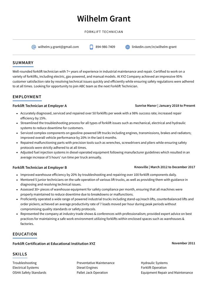 Forklift Technician Resume