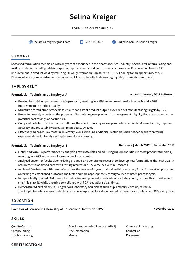 Formulation Technician Resume