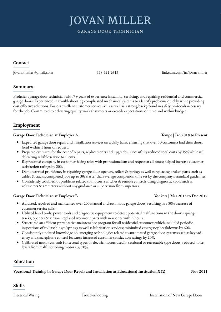 Garage Door Technician Resume