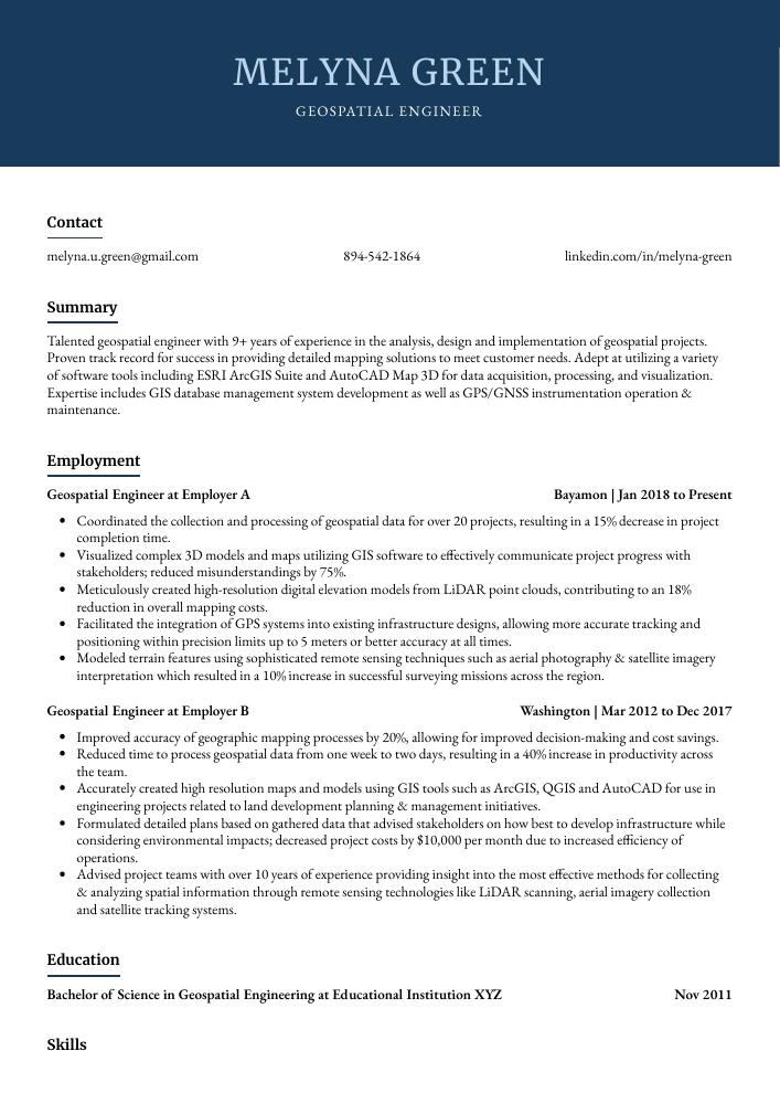 Geospatial Engineer Resume