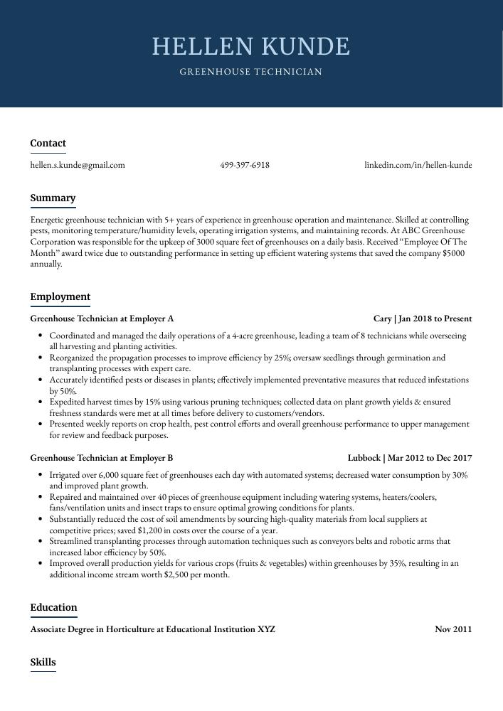 Greenhouse Technician Resume