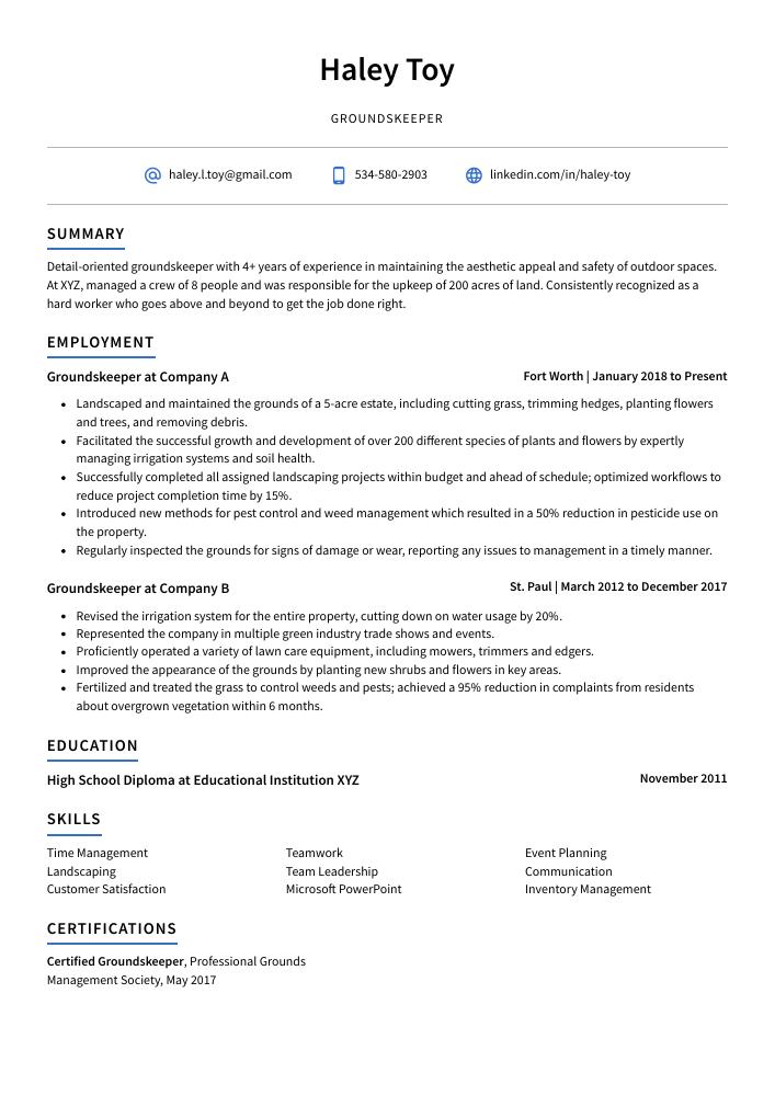 Groundskeeper Resume (CV) Example and Writing Guide