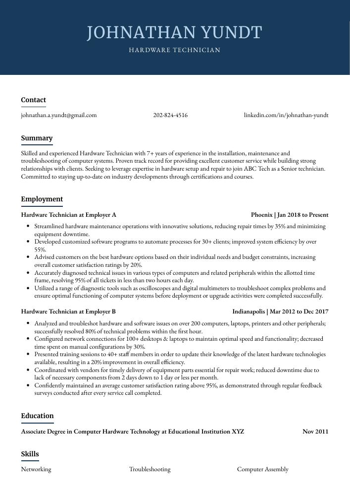 Hardware Technician Resume