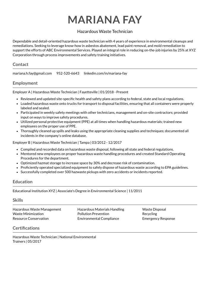 Hazardous Waste Technician Resume