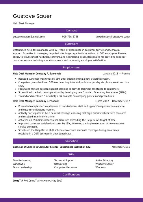 help desk manager resume examples