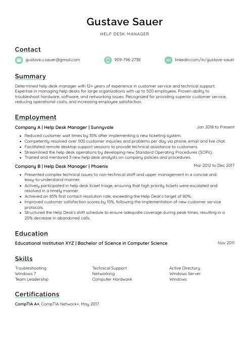 help desk manager resume example