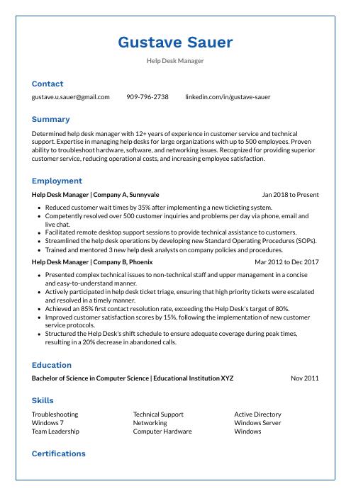 help desk manager resume example