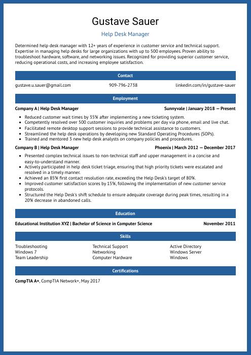 help desk manager resume