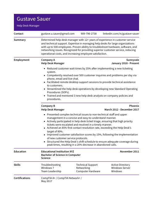 it help desk manager resume