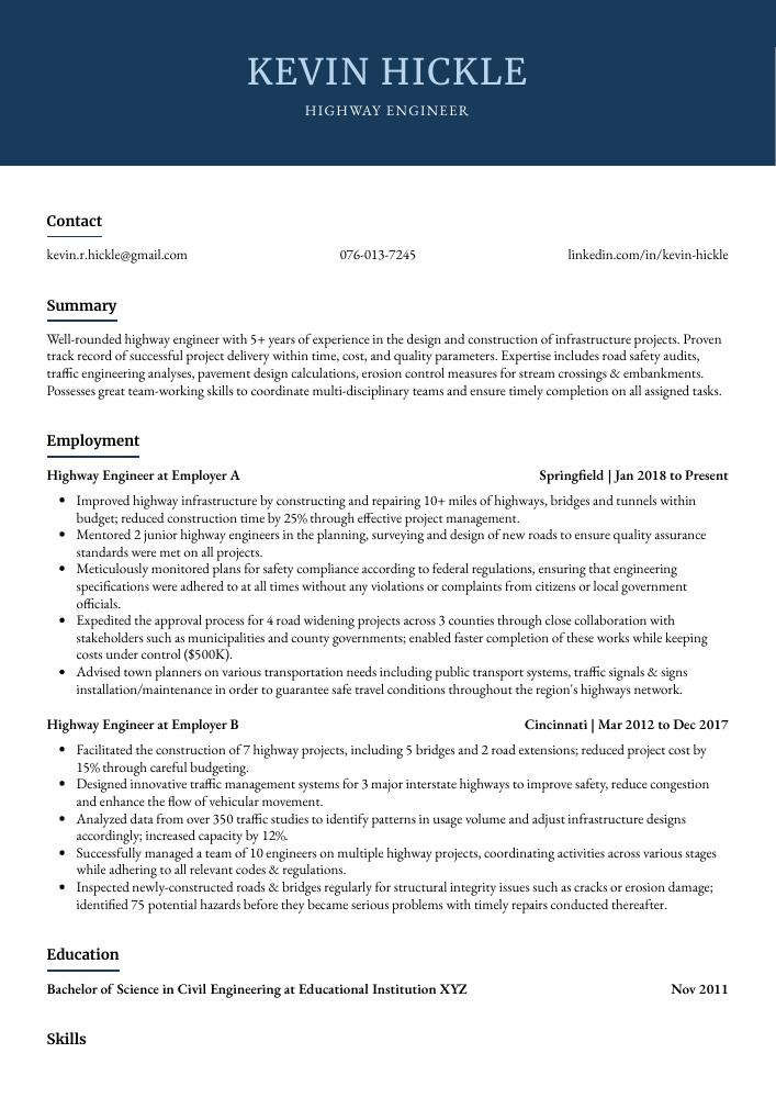 Highway Engineer Resume