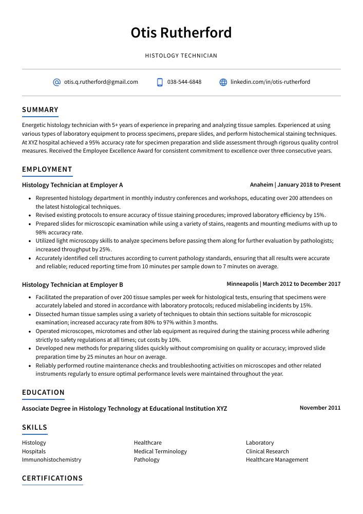 Histology Technician Resume