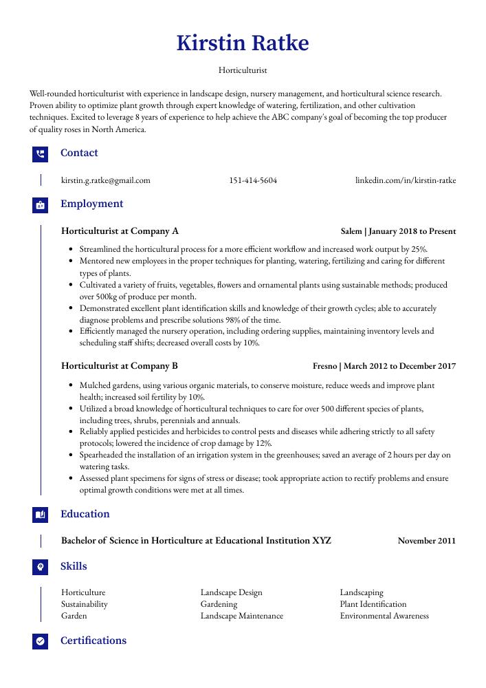 Horticulturist Resume