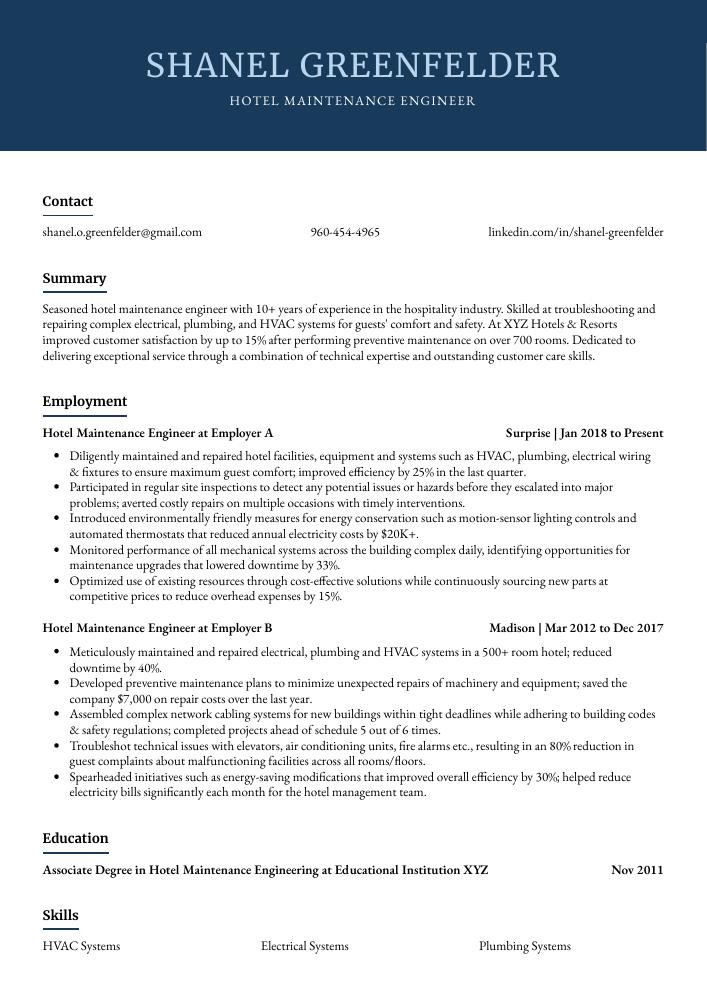 Hotel Maintenance Engineer Resume CV Example And Writing Guide