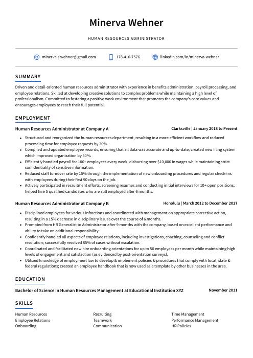 human resources administrator resume format