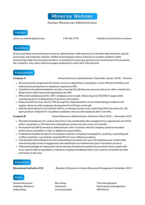 example resume human resources administrator