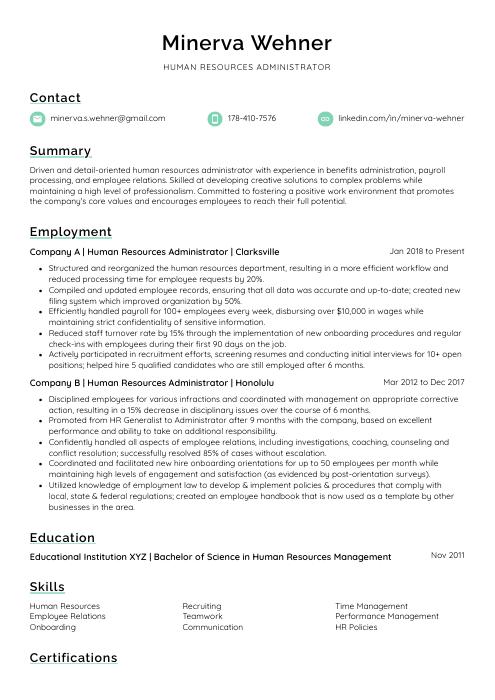 example resume human resources administrator