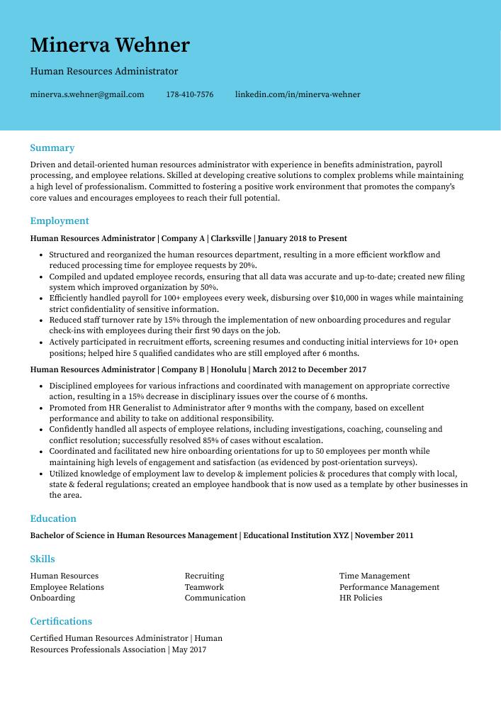 example resume human resources administrator