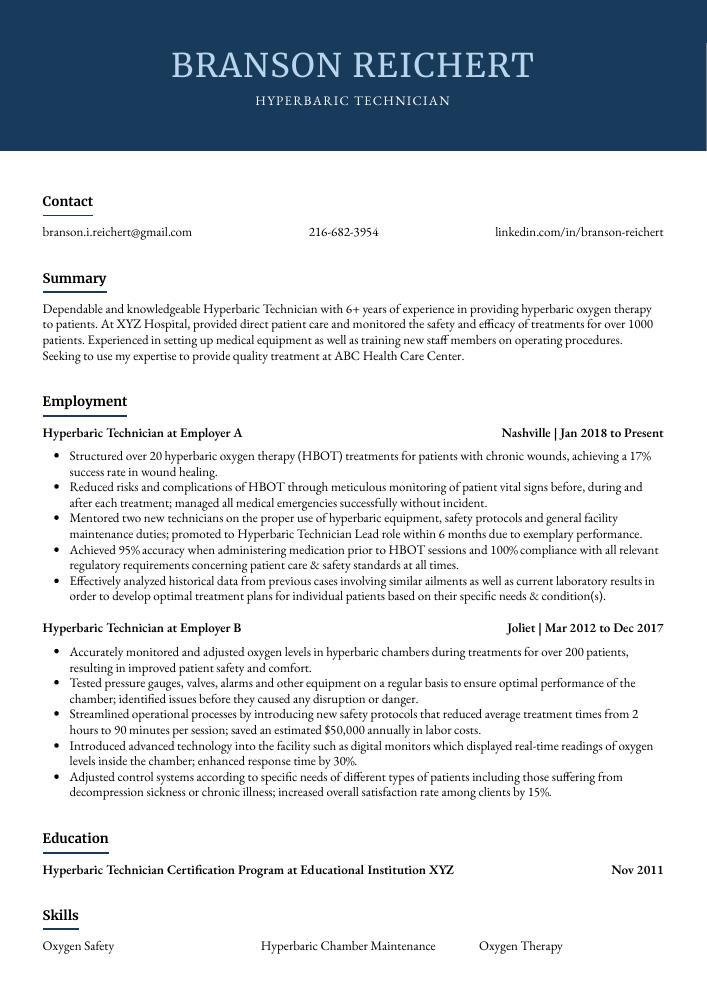 Hyperbaric Technician Resume