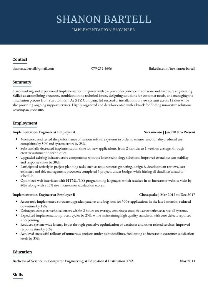 Implementation Engineer Resume