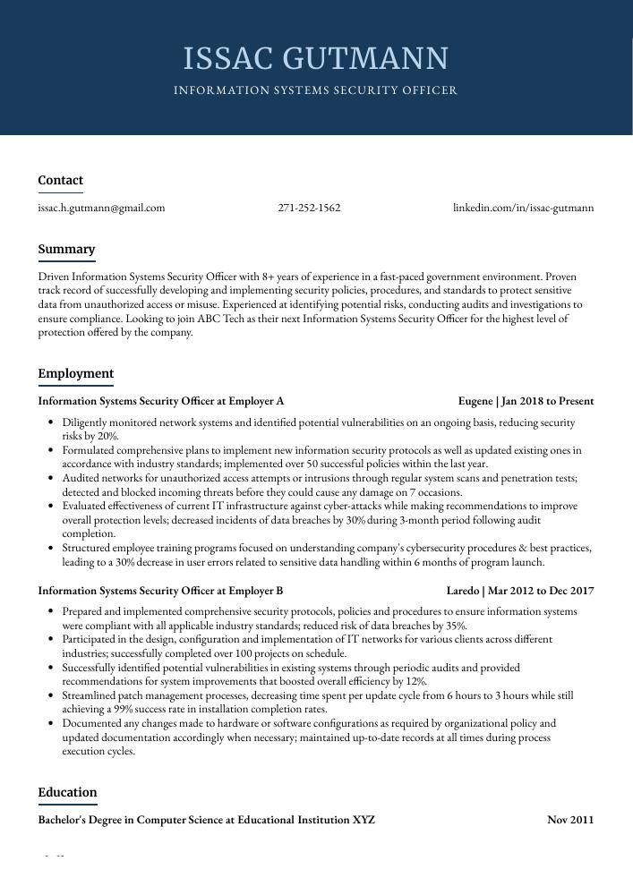 Information Systems Security Officer Resume Cv Example And Writing Guide