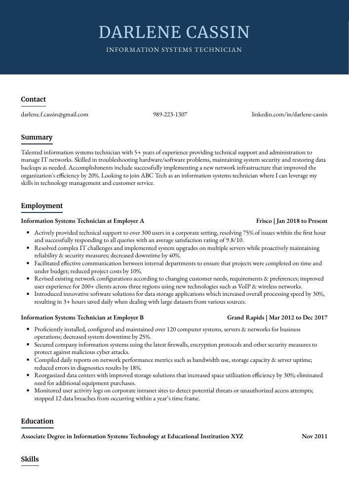 Information Systems Technician Resume