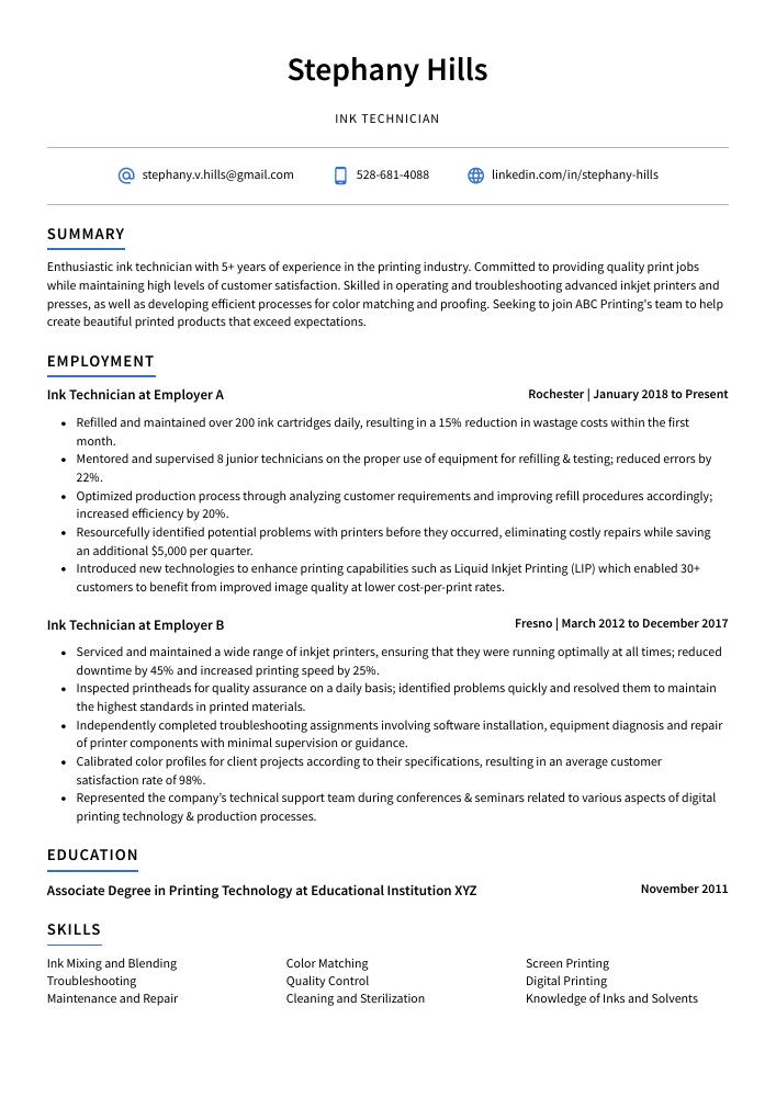 Ink Technician Resume