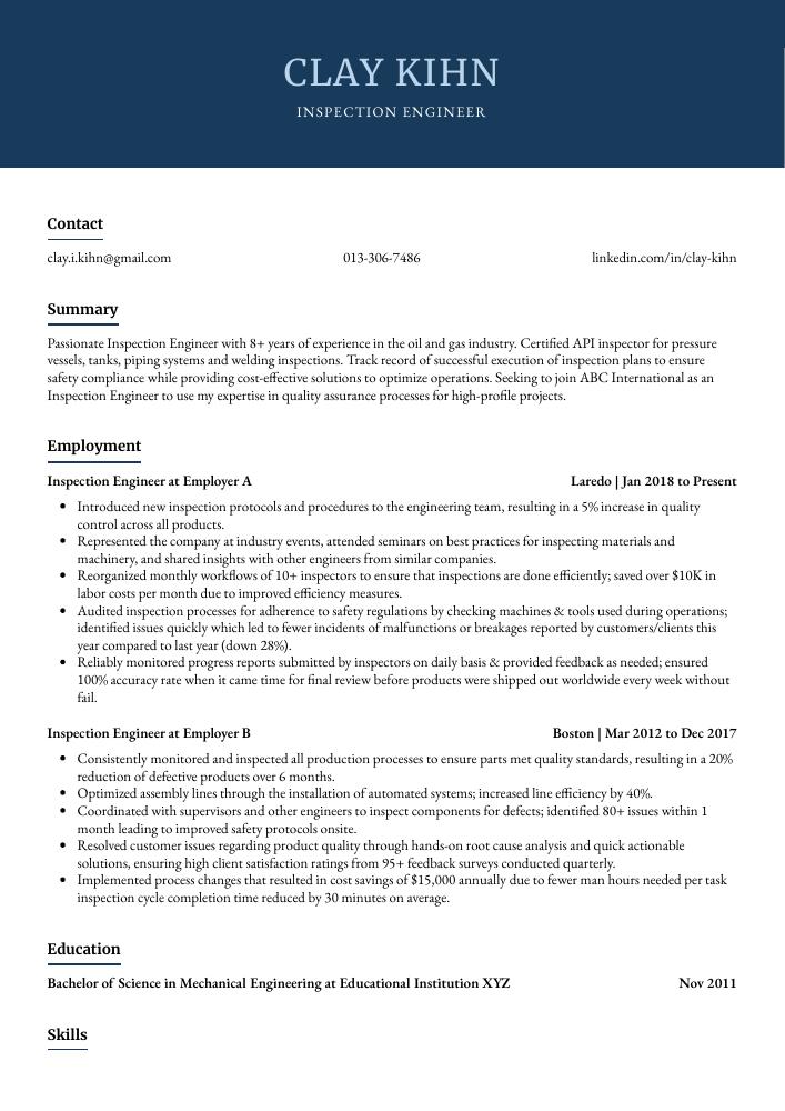 Inspection Engineer Resume