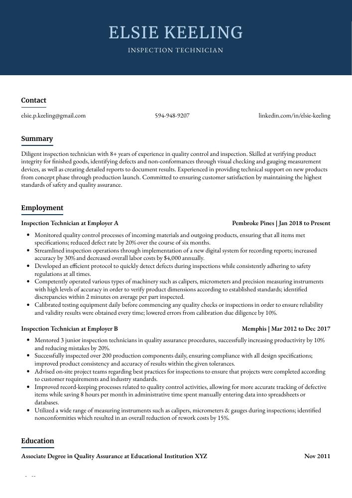 Inspection Technician Resume