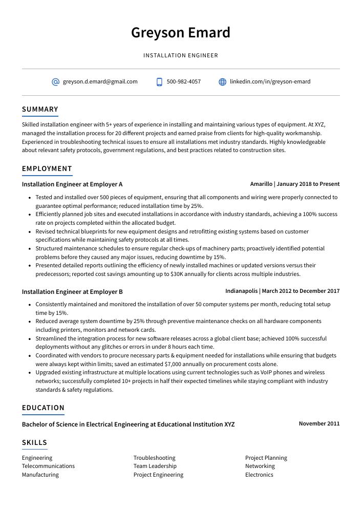 Installation Engineer Resume