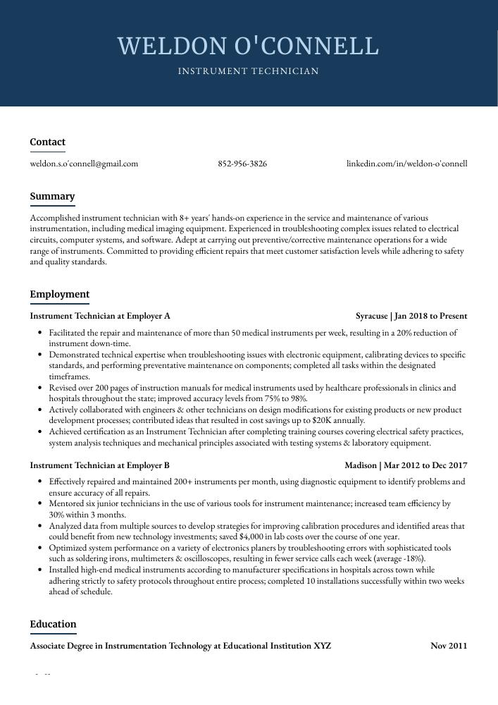 Instrument Technician Resume CV Example And Writing Guide