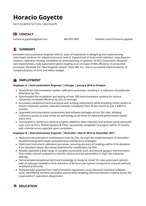 Instrumentation Engineer Resume CV Example And Writing Guide   Instrumentation Engineer Resume Template Hoopoe 