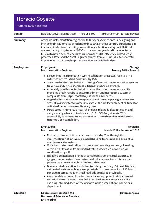 Instrumentation Engineer Resume CV Example And Writing Guide   Instrumentation Engineer Resume Template Pika 