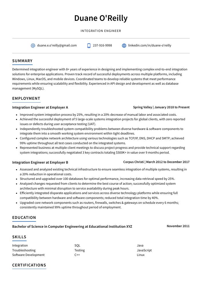 Integration Engineer Resume