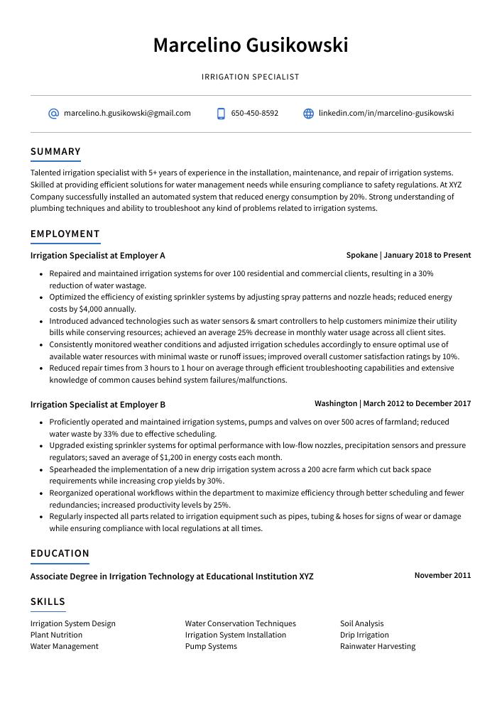 Irrigation Specialist Resume