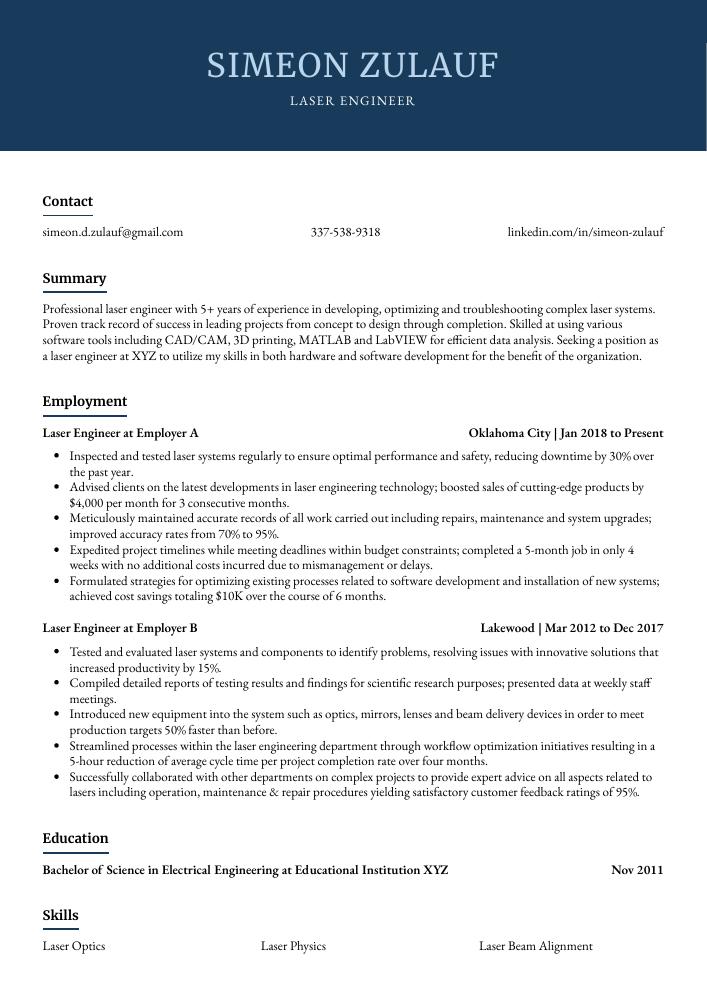 Laser Engineer Resume