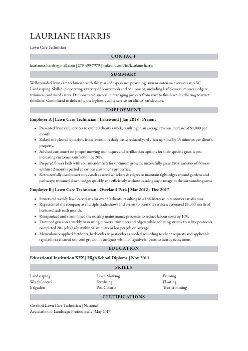 Lawn Care Technician Resume (CV) Example And Writing Guide