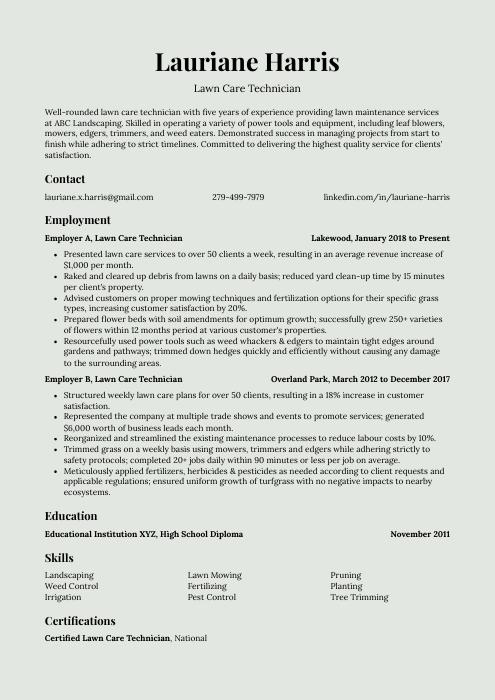 Lawn Care Technician Resume (CV) Example And Writing Guide