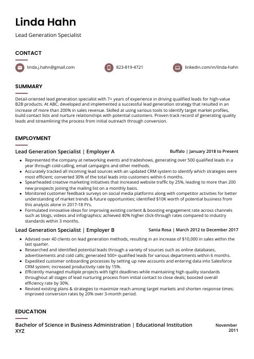 lead generation job description for resume