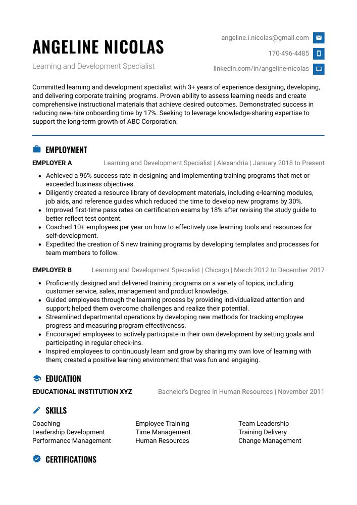 Learning And Development Specialist Resume CV Example And Writing Guide