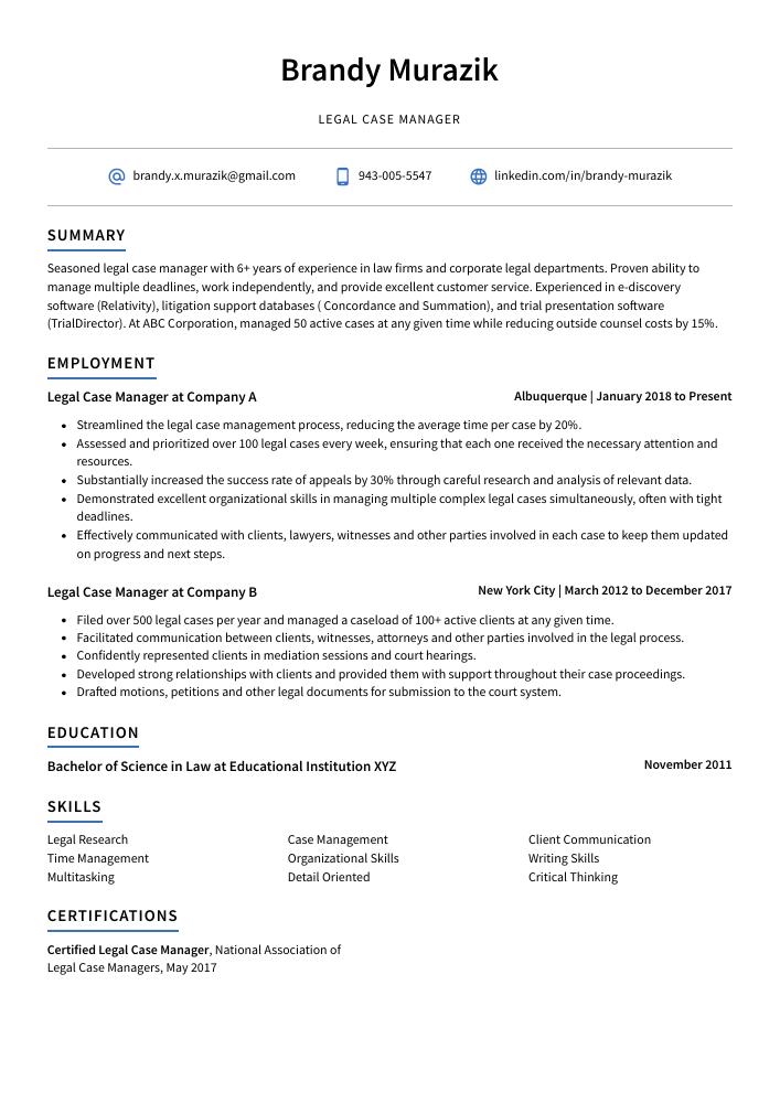 Legal Case Manager Resume CV Example And Writing Guide