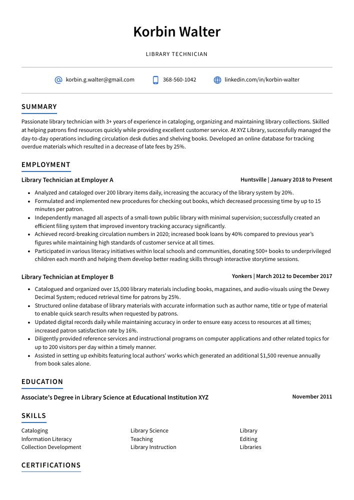 Library Technician Resume