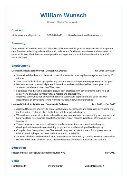 Licensed Clinical Social Worker Resume Cv Example And Writing Guide 6105