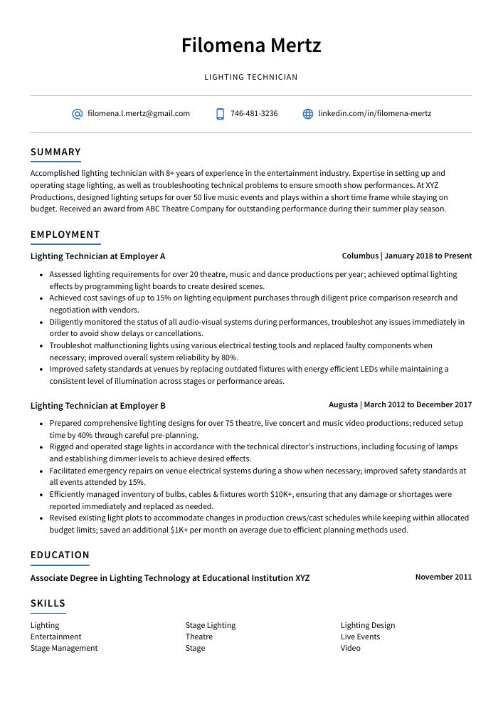 Lighting Technician Resume