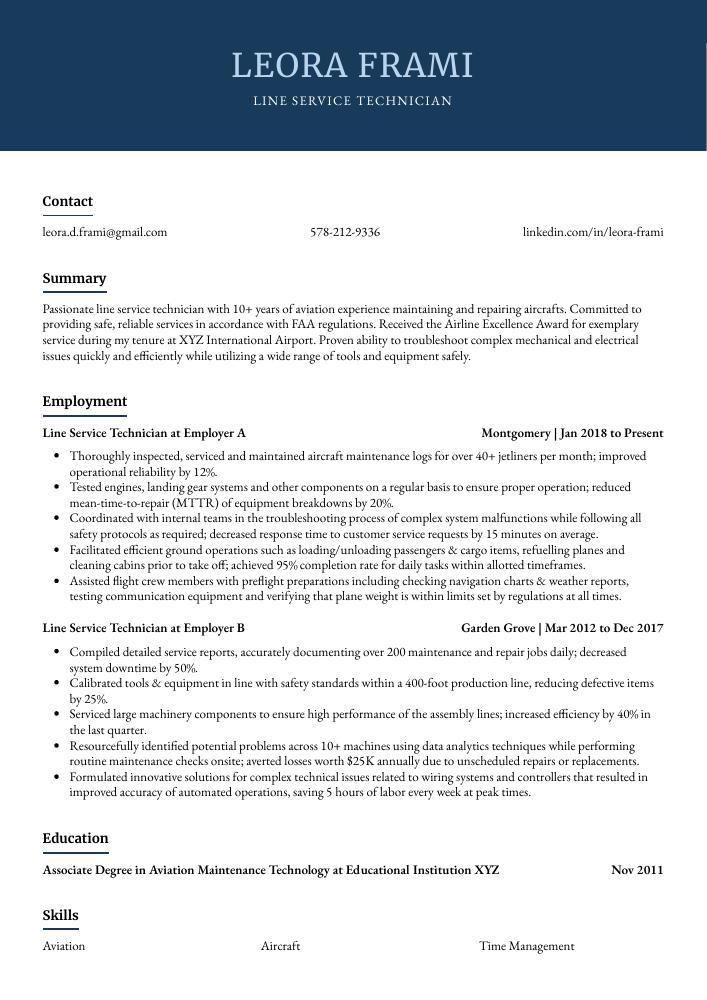 Line Service Technician Resume