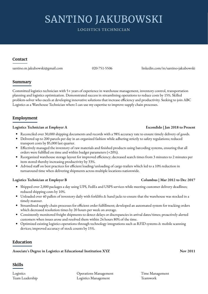 Logistics Technician Resume