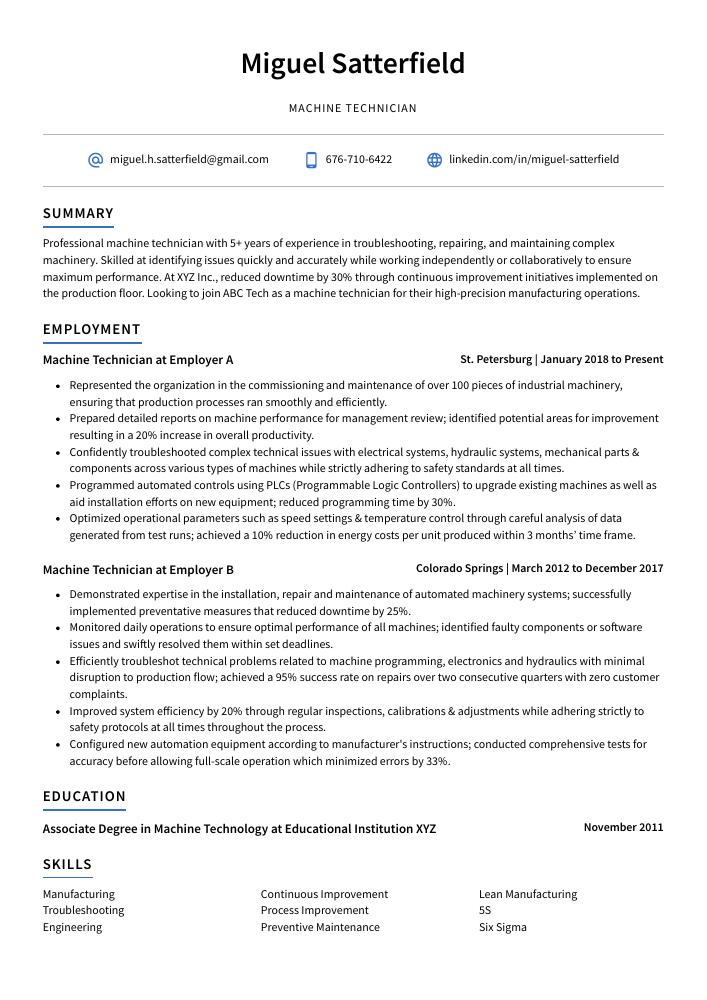 Machine Technician Resume