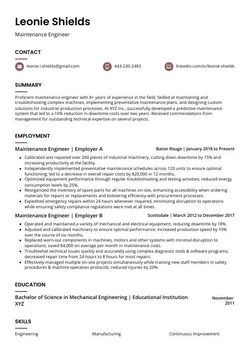 Maintenance Engineer Resume CV Example And Writing Guide   Maintenance Engineer Resume Template Fossa 