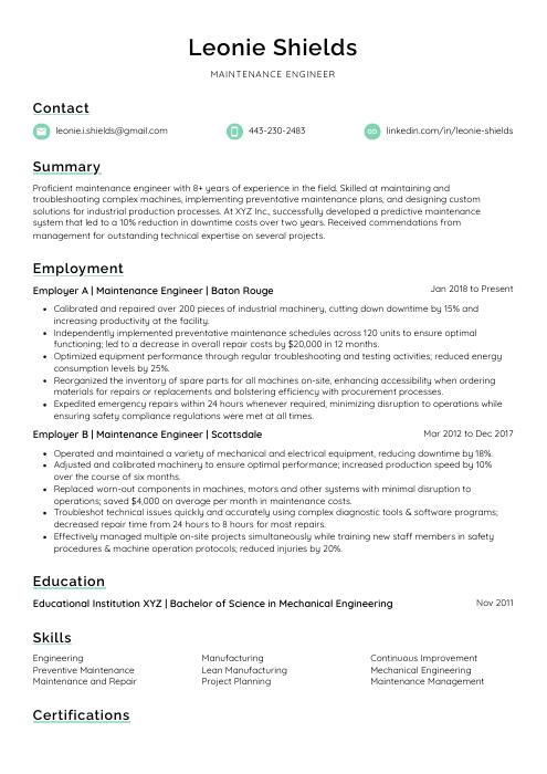 Maintenance Engineer Resume CV Example And Writing Guide   Maintenance Engineer Resume Template Lorikeet 