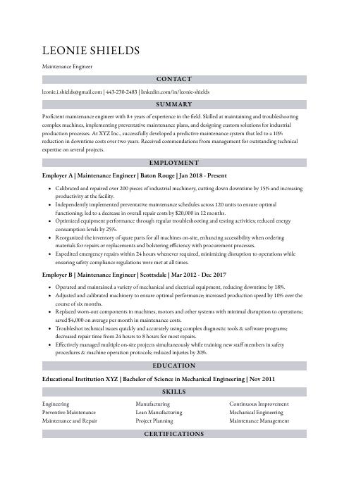 Maintenance Engineer Resume CV Example And Writing Guide   Maintenance Engineer Resume Template Numbat 