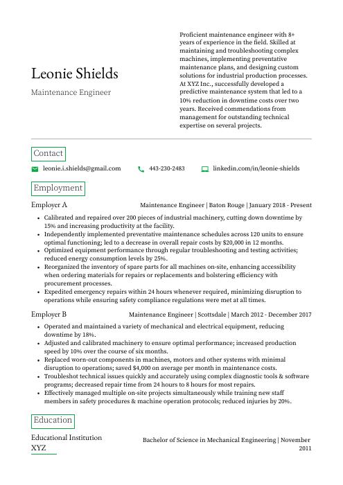 Maintenance Engineer Resume CV Example And Writing Guide   Maintenance Engineer Resume Template Quokka 